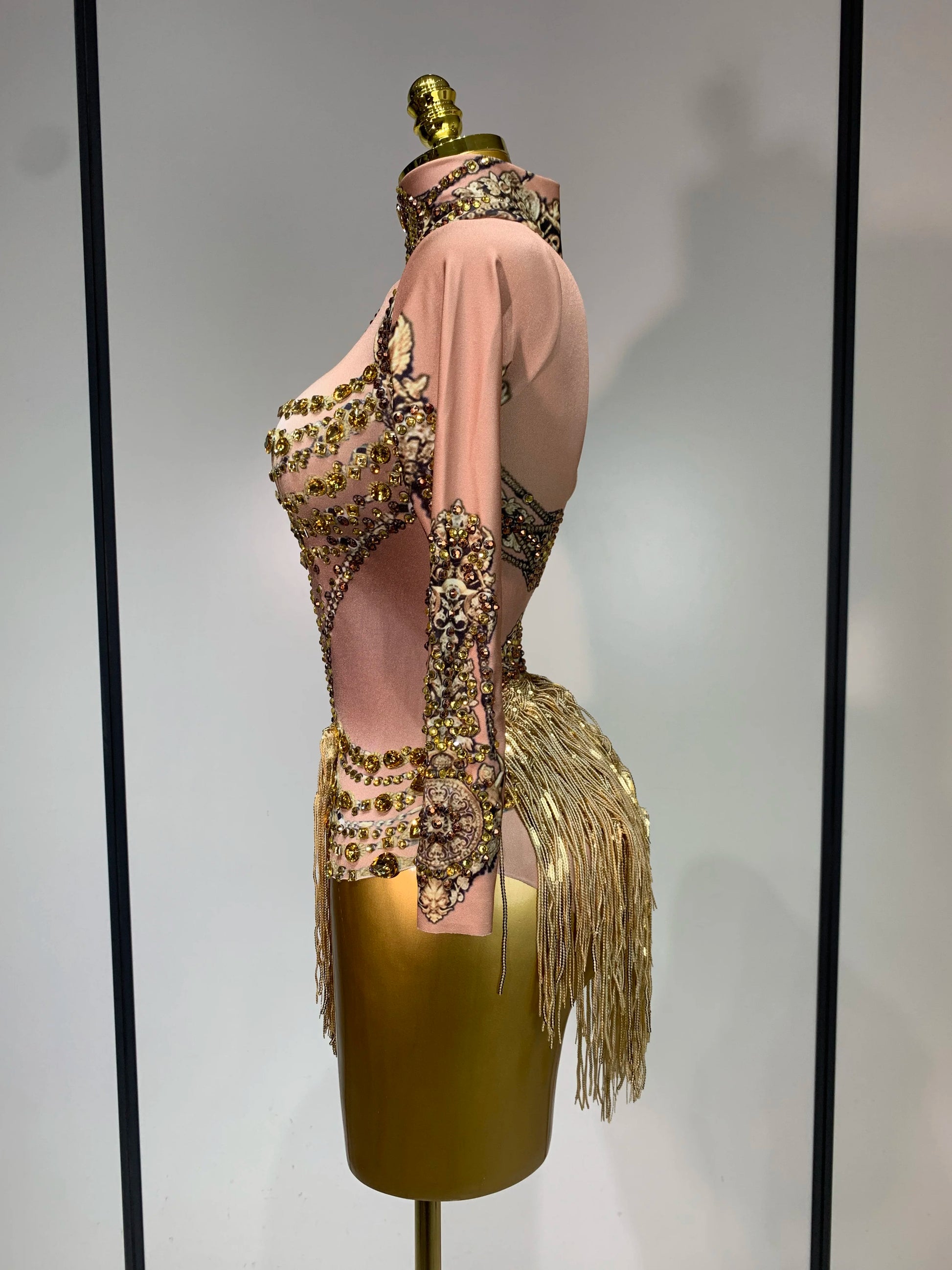 Sexy Sparkly Gold Rhinestones Tassel Bodysuit Women Celebrate Birthday Evening Party Nightclub Singer Performance Stage Costume