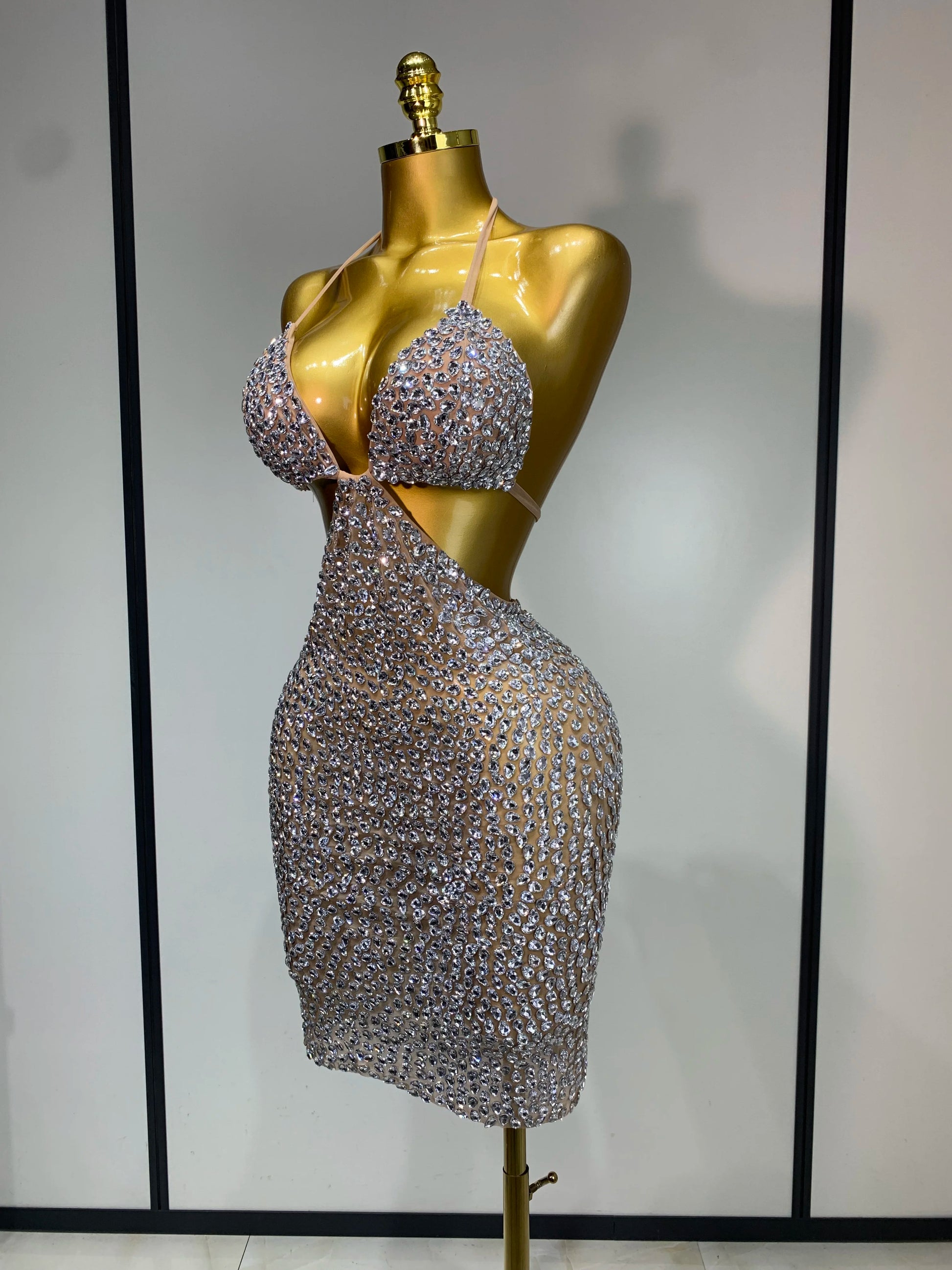 Sparkly Luxury Crystal Rhinestones Sexy Backless Bodycon Dress Women Singer Stage Outfit Celebrity Elegant Birthday Costume