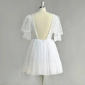 Real Photo Puff Sleeves Sparkly Tulle Mini Short Wedding Dress V Neck Backless Above Knee Shiny Bridal Gown