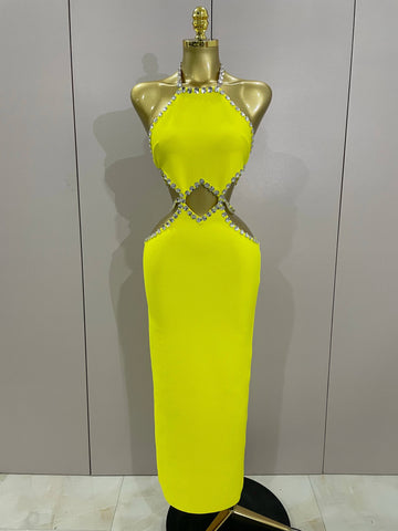 Luxury Sexy Backless Halter Beading Maxi Long Lemon Yellow Bandage Dress Women Elegant Evening Club Birthday Party Dress Lemon yellow