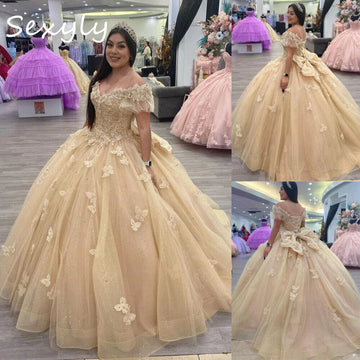 Princess Champagne Quinceanera Dress With Butterfly Spakle Ball Gown Prom Dresses Birthday Party Vestidos 15 Xv Sweet Customized