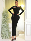 2025 Sexy Women's Light Luxury Hot Diamond Hollow Design Bandage Dress O-Neck Long Sleeve Bodycon Long Dress Club Party Vestidos