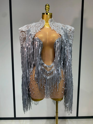 Luxury Rhinestones Tassels Mini Dress Suit Women Sexy See Through Mesh Birthday Party Club Dresses Performance Stage Outfit Silver