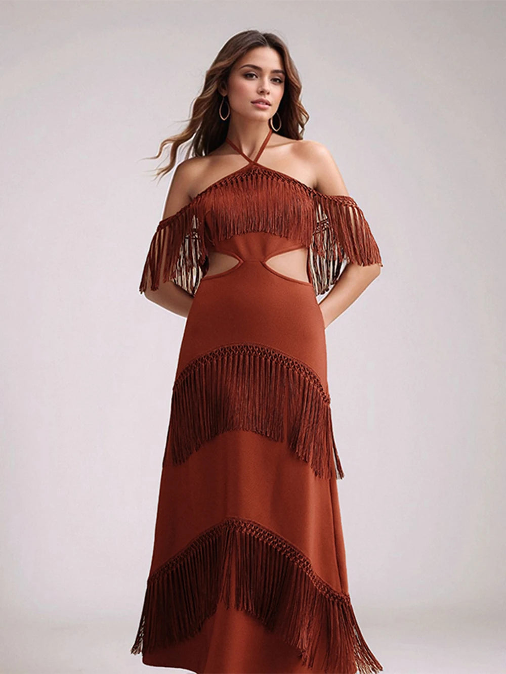 Elegant Bandage Tassels Dress Women Sexy Halter Backless Sleeveless Hollow Out Vestidos Female 2025 Fashion Evening Party Robe