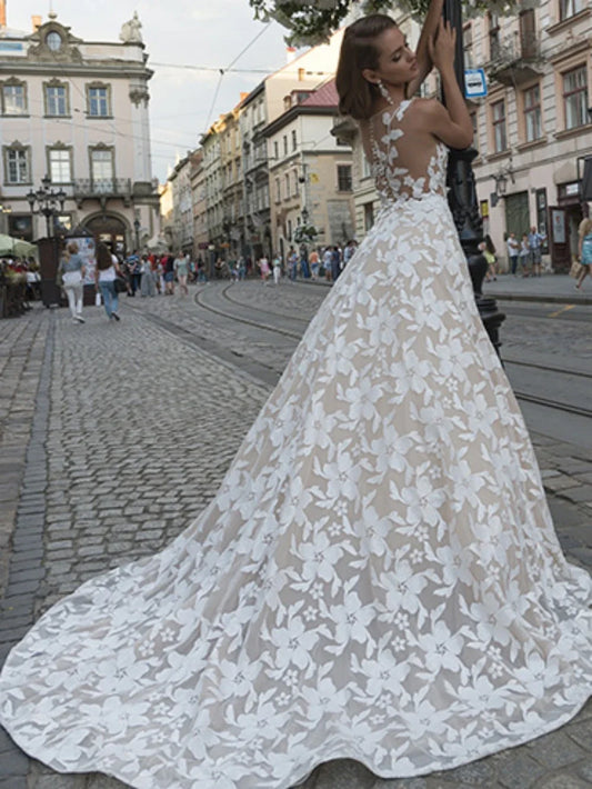 Sexy Sleeveless Wedding Dresses Classic Lace Appliques Dress For Bride Elegant A Line Long Bridal Gown Robe De Mariée