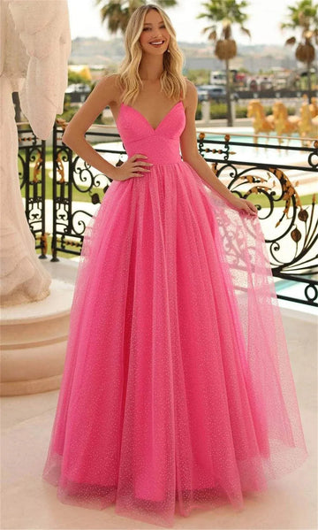 Pink Tulle vestidos de noche Spaghetti Strap V-Neck A-line Prom Dresses Elegant Sleeveless Ankle-Length Formal Evening