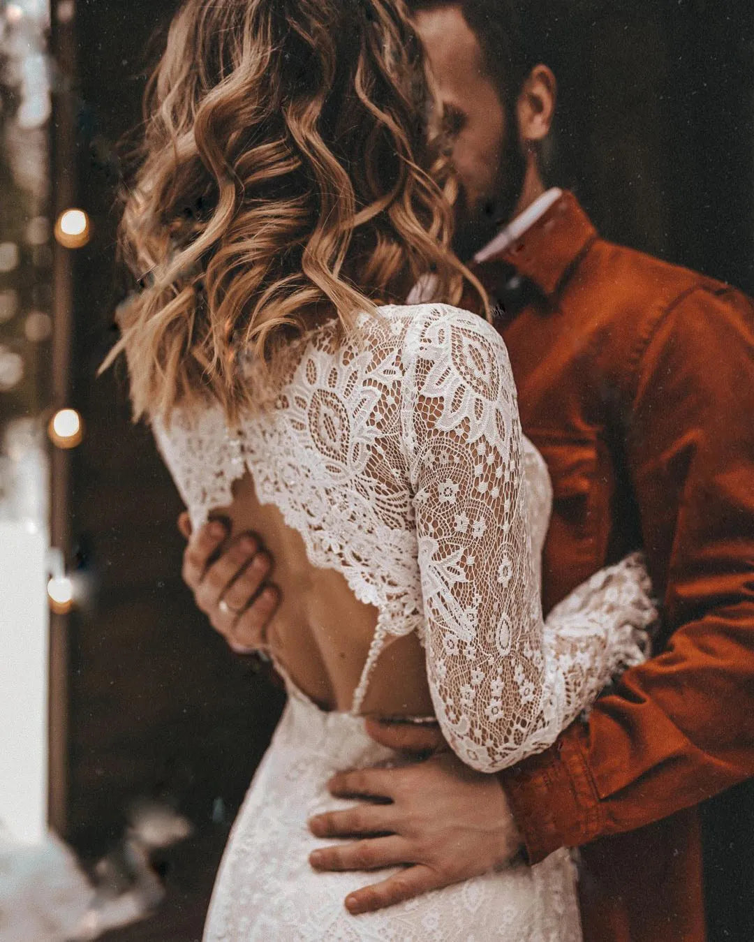 Long Sleeves Floral Lace V Neck Boho Wedding Dress Deep V Neck Open Back Modest Rustic Civil Bridal Gown
