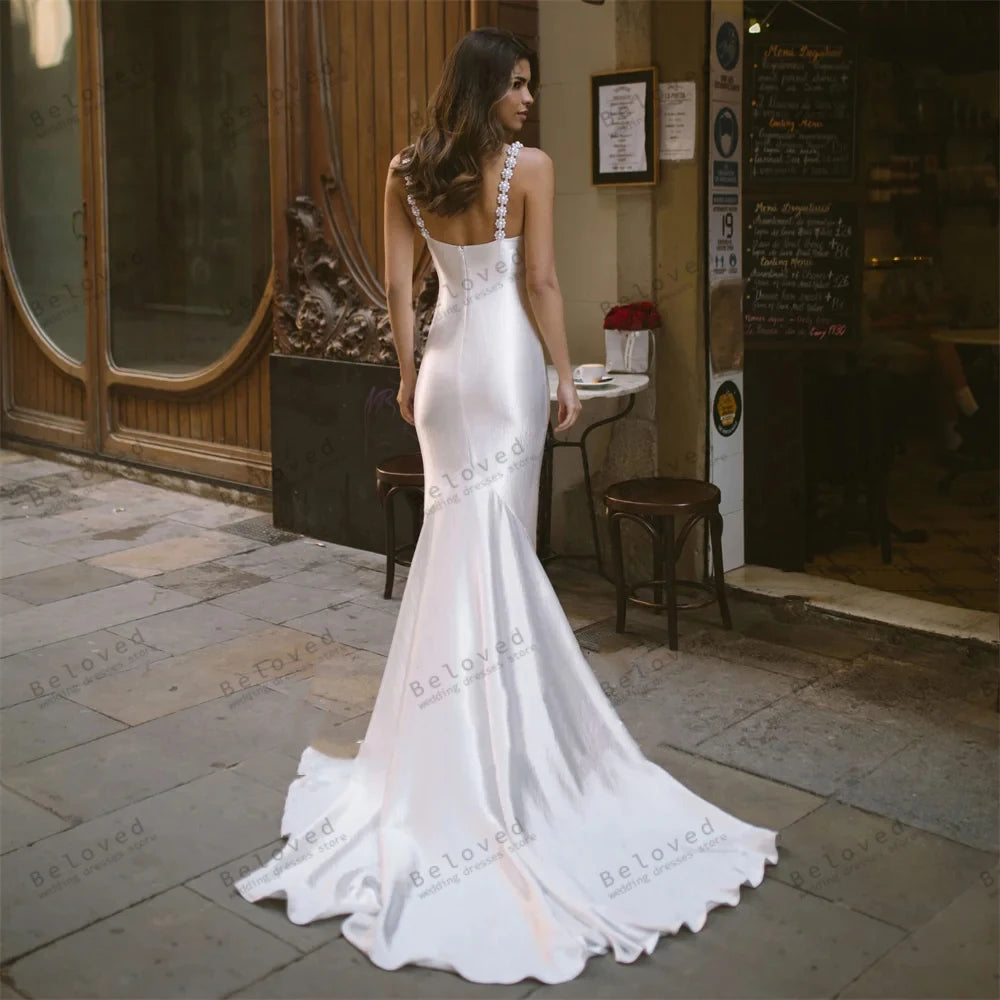 Pretty Wedding Dresses Graceful Bridal Gowns Square Collar Sleeveless Sheath Mermaid Floor Length Robes Vestidos De Novia