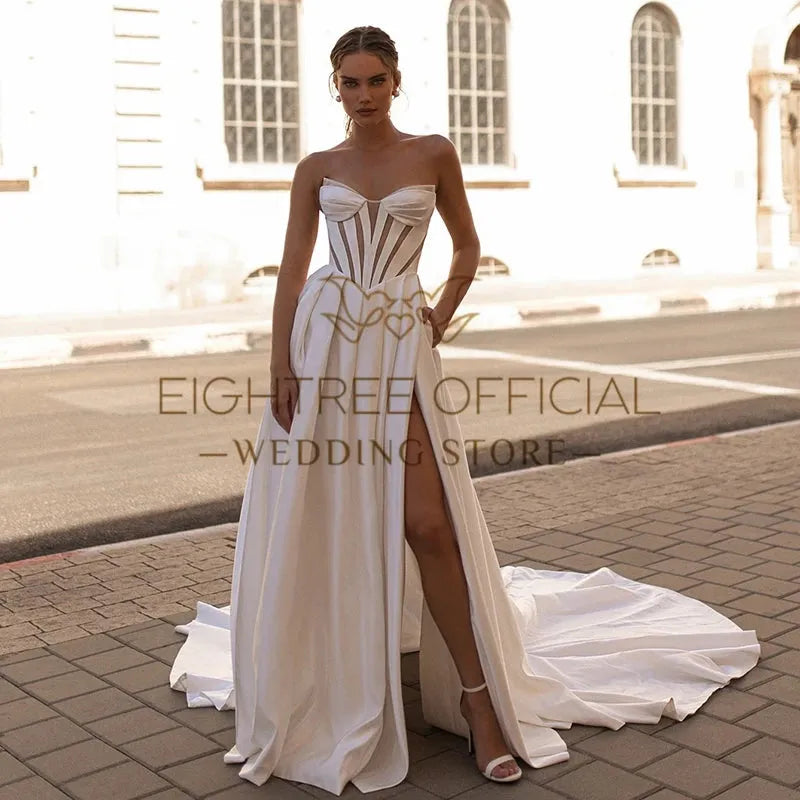 White A-Line Wedding Dresses Sweetheart Side Slit Wedding Gowns Boho Bridal Prom Dress bestidos de novia Customsized