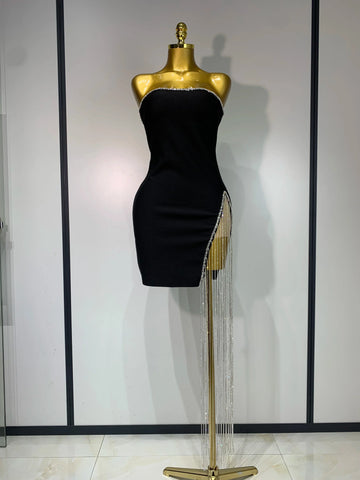 Women Celebrity Sexy Strapless Backless Black Diamond Tassels Mini Bodycon Bandage Dress Elegant Evening Club Party Dresses black