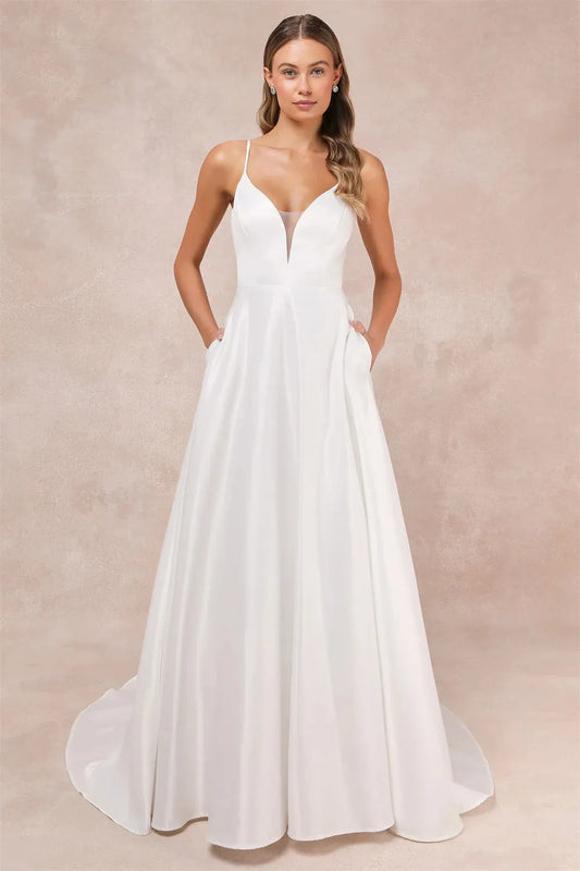 Bella White Simple Prom Dresses Spaghetti Strap A-line Wedding Dress Elegant Sleeveless Floor-Length Vestidos De Fiesta