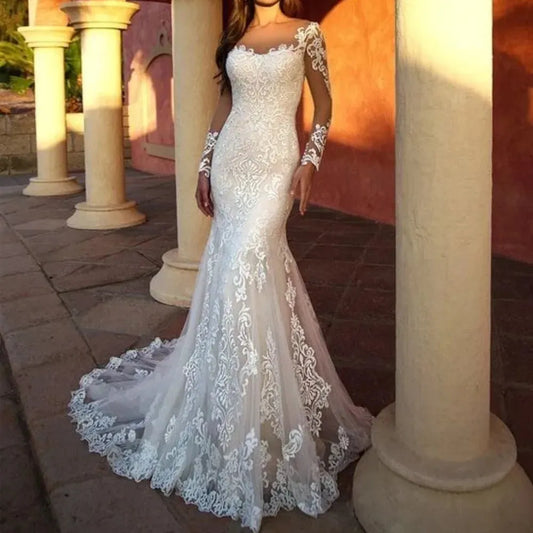 Boho Mermaid Wedding Dress Sheer O-neck Long Sleeves Appliques Lace Elegant Bridal Gown Floor Length Robe De Mariage
