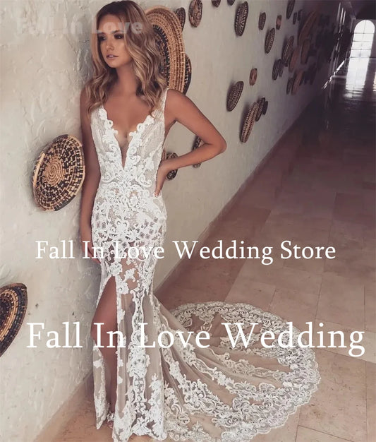 Vestidos De Novia Boho Beach Wedding Dress Luxury Lace Appliques V-Neck Slimming Mermaid Floor-Length Sweep Train Bridal Gown