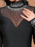 2025 Women's Light Luxury Hot Diamond Bandage Dress High Collar Long Sleeve Patchwork Bodycon Long Dress Evening Party Vestidos
