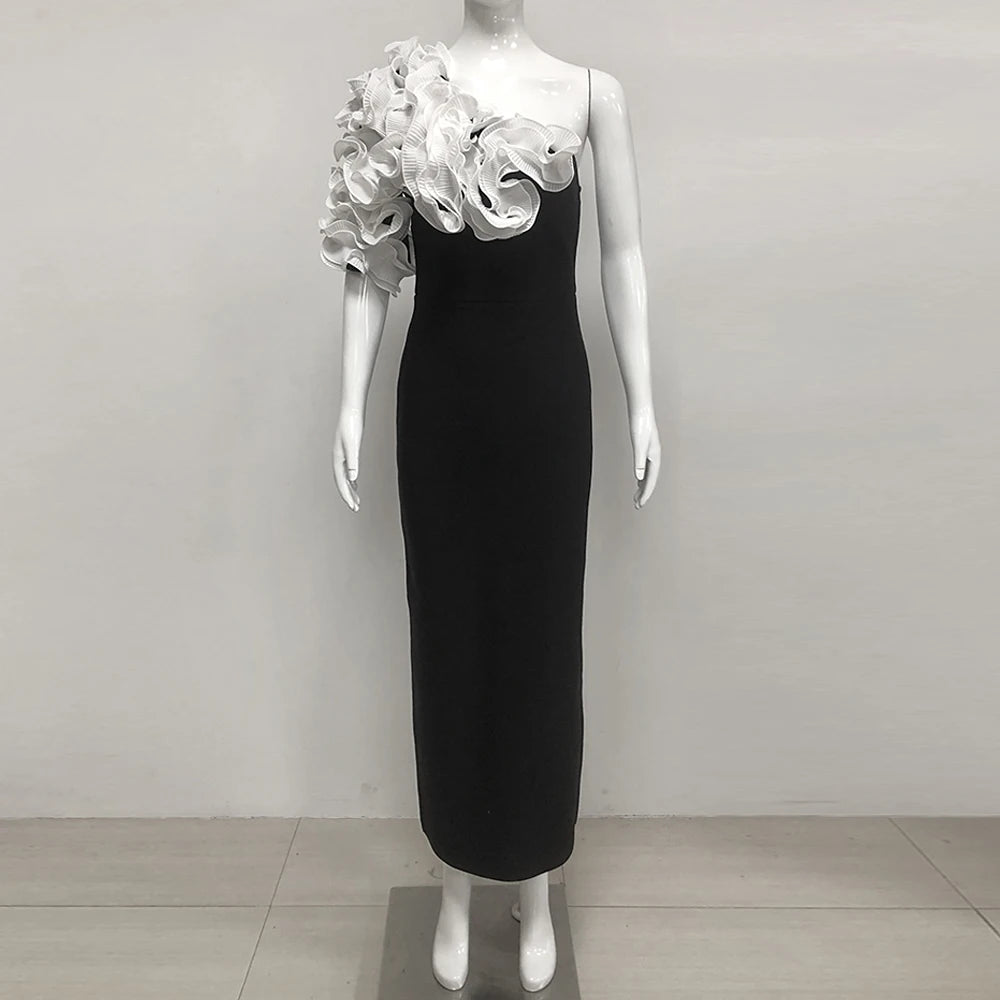 Elegant Evening Long Bandage Dress Fashion Splicing Ruffle Flowers Club Party Gowns Lady Sexy Diagonal Collar Dress black