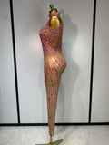 Sparkly Rhinestones Mesh See Through Jumpsuit Women Sexy Sleeveless Performance Dance Costume Birthday Nightclub Stage Outfit