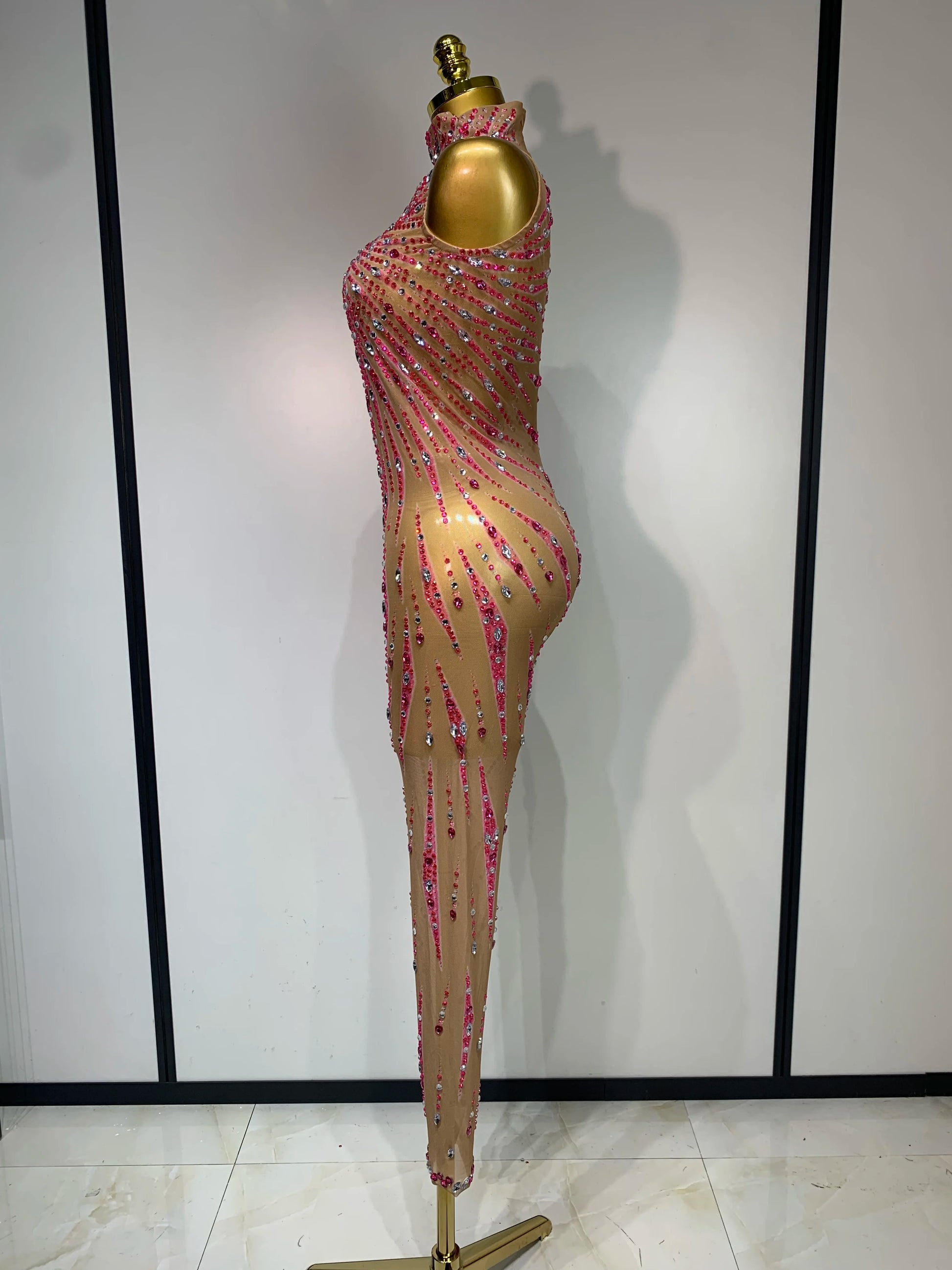 Sparkly Rhinestones Mesh See Through Jumpsuit Women Sexy Sleeveless Performance Dance Costume Birthday Nightclub Stage Outfit