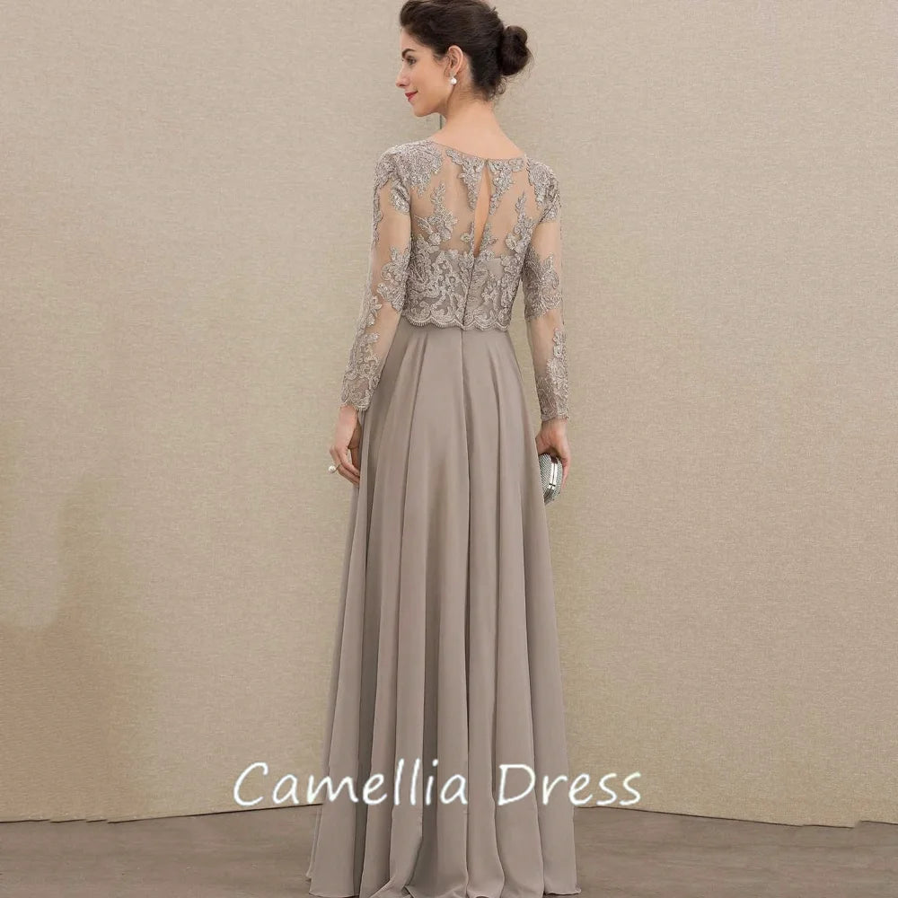 Customized Elegant A Line Chiffon Mother of Bride Dresses Long Sleeve Formal Evening Gowns Lace Bridal Party Dress