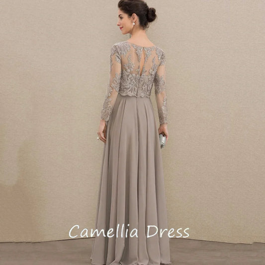 Customized Elegant A Line Chiffon Mother of Bride Dresses Long Sleeve Formal Evening Gowns Lace Bridal Party Dress