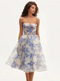 Spaghetti Strap Midi Dress Sweet Knee Lenght Vestidos De Noche Blue Printing Short Lenght Prom Dresses As Picture