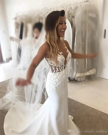 Sexy Backless V-Neck Satin Wedding Dresses For Women Sleeveeless Mernaid Lace Appliques Bride Gown Formal Evenig Party Dress As Picture
