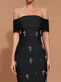 2025 Sexy Women's Light Luxury Diamond Set Bandage Dress with One Collar Shoulder Bodycon Bareback Long Dress Club Party Vestido