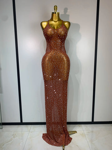 Women Sexy Backless Rhinestones Mesh Stretch See Through Maxi Dress Luxury Birthday Performance Singer Stage Costume Vestido Maroon