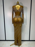Sparkly Rhinestone Mesh Transparent Brown Long Dress Evening Party Luxury Birthday Celebrate Costume Nightclub Dancer Outfit