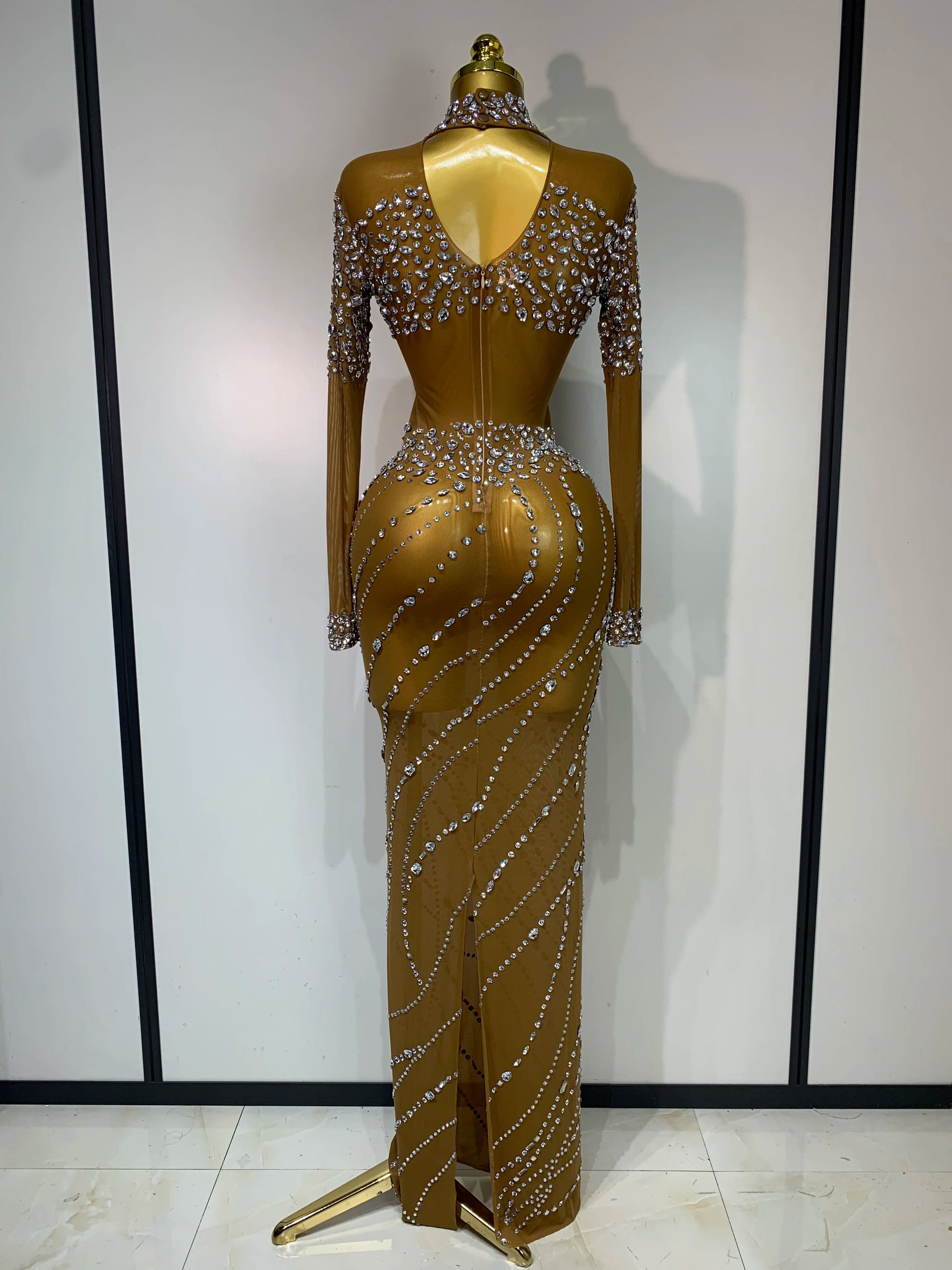 Sparkly Rhinestone Mesh Transparent Brown Long Dress Evening Party Luxury Birthday Celebrate Costume Nightclub Dancer Outfit