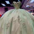 Glittering Sage Green Quinceanera Dress Off-Shoulder Beading Lace Appliques Vestidos De 15 Anos Princess Party Prom