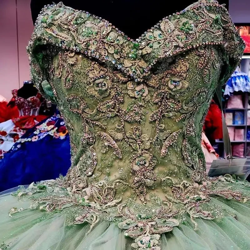 Glittering Sage Green Quinceanera Dress Off-Shoulder Beading Lace Appliques Vestidos De 15 Anos Princess Party Prom