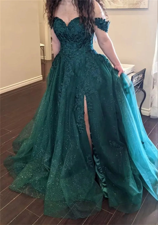 Sexy Off Shoulder A-line Shiny Dark Green Vestidos De Noche Side Split Lace Embroidery Puffy Prom Dresses