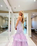 Elegant Lavender Tulle Prom Dress Mermaid Sweetheart Lace Tiered Ruffles Formal Evening Dress Floor Length Party Gown