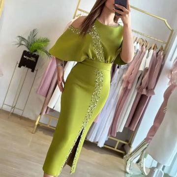 Modest Saudi Arabic Evening Dresses O-Neck Cap Sleeves Sequined Side Slit Dubai Women Party Prom Dresses Dubai Green