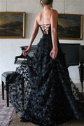 Luxury 3D Flower Embroid Black Lace Prom Dress Sexy Side High Split Corset A-line Party Dress