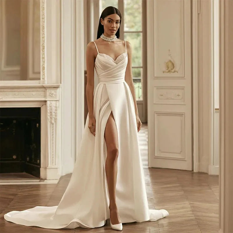 Elegant Mermaid Wedding Dresses Spaghetti Straps Pearls Bridal Gowns Boho Beach Evening Wedding Prom Gowns Custom Size Ivory