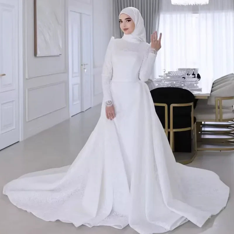 Muslim Wedding Dress with Hijab for Bride High Neck Long Sleeve Modest Sweep Train Lace A-Line Gown Customize Vestidos De Novia WHITE