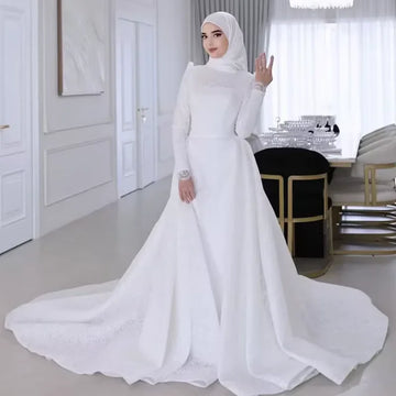 Muslim Wedding Dress with Hijab for Bride High Neck Long Sleeve Modest Sweep Train Lace A-Line Gown Customize Vestidos De Novia