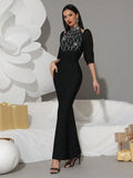 2025 Women Light Luxury Rhinestone Design Fish Tail Bandage Dress Stand Collar Lantern Sleeves Bodycon Long Dress Party Vestidos