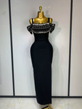 Women Luxury Designer Crystal Black Bandage Dress Elegant Off Shoulder Maxi Long Birhtday Celebrity Evening Party Club Gowns black