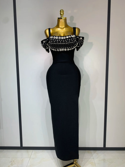 Women Luxury Designer Crystal Black Bandage Dress Elegant Off Shoulder Maxi Long Birhtday Celebrity Evening Party Club Gowns black
