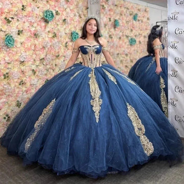 Shiny Navy Blue Quinceanera Dresses Gold Lace Appliques Vestidos De 15 Anos Princess Cinderella Birthday Party Blue