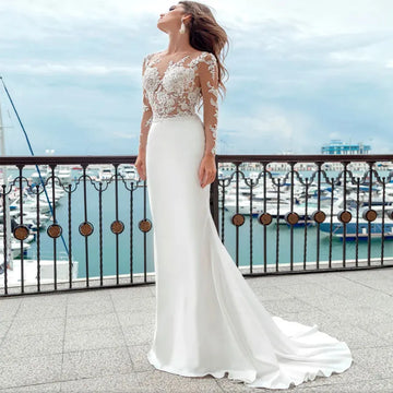 Boho Mermaid Wedding Dresses Long Sleeves Sheer Scoop Neckline Applique Satin Buttons Back Beach Bridal Gowns Sweep Train White 2