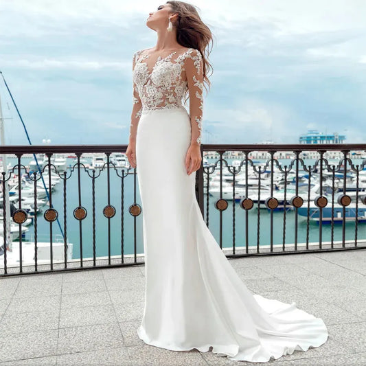 Boho Mermaid Wedding Dresses Long Sleeves Sheer Scoop Neckline Applique Satin Buttons Back Beach Bridal Gowns Sweep Train White 2