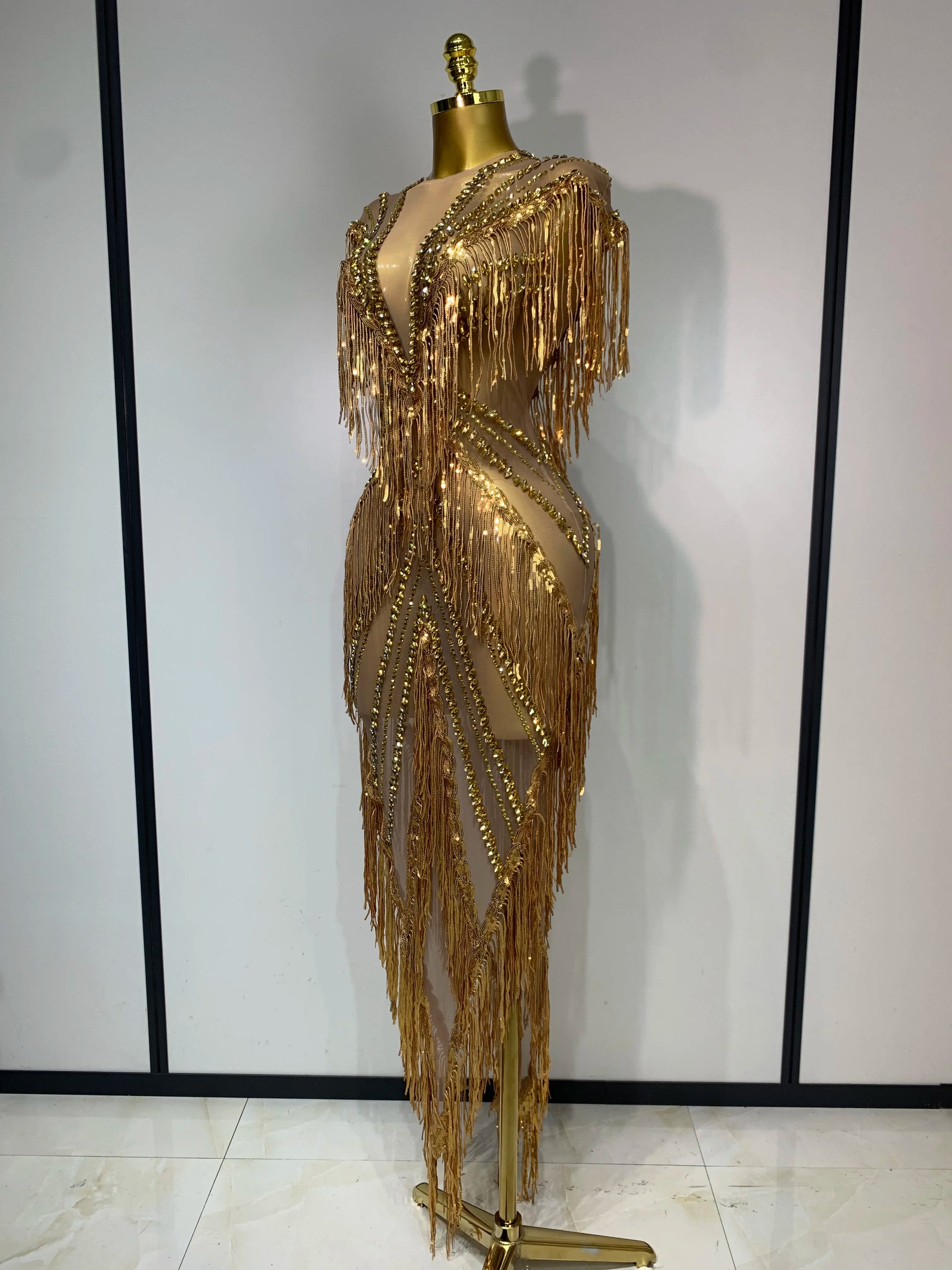 Luxury Sparkly Diamonds Tassels Sexy Mesh See Through Dress Women Evening Birthday Party Nightclub Bar Singer Stage Costumes
