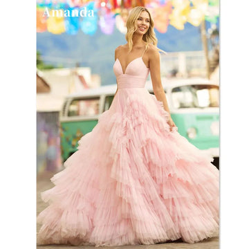 Pink Multilayer Prom Dress Princess Evening Dresses Tulle Sweep Train Party Dresses Sleeveless Robe De Soirée