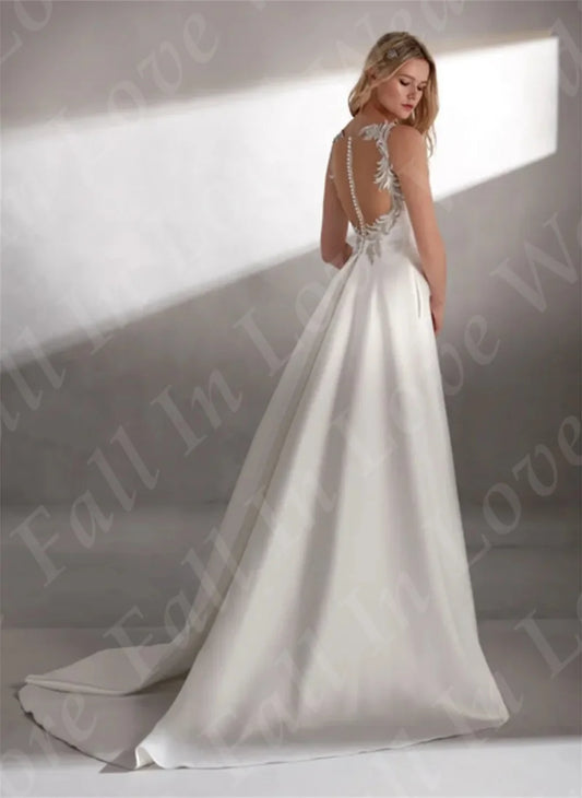 Satin Wedding Dresses V-Neck Lace Appliqued Sexy Illusion Backless Buttons Bridal Gowns Pockets A-Line Wedding Party Dress