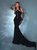 2024 Sexy Christmas Tailcoat And Floor Dress Women Hanging Neck Rhinestone Glove Design Hollowed Out Backless Long Dress Vestido black