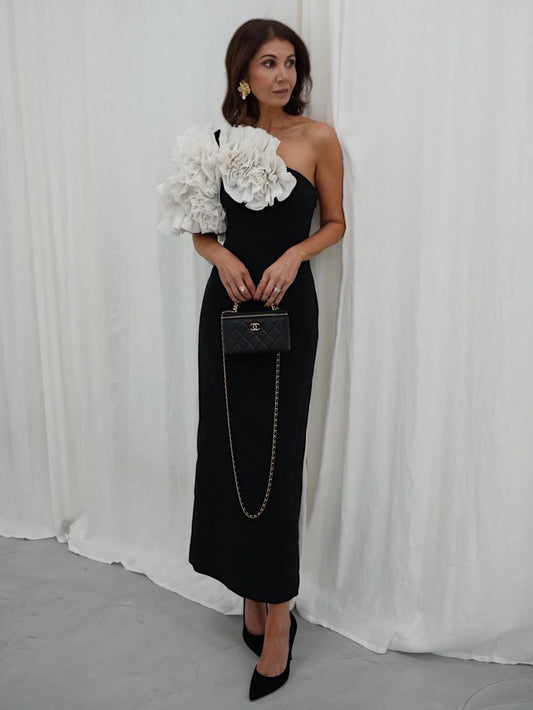 Elegant Evening Long Bandage Dress Fashion Splicing Ruffle Flowers Club Party Gowns Lady Sexy Diagonal Collar Dress