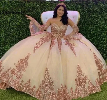 Sweetheart Quinceanera Dresses For 15 Party Detachable Sleeves Applique Formal Birthday Princess Gowns HOT Champagne